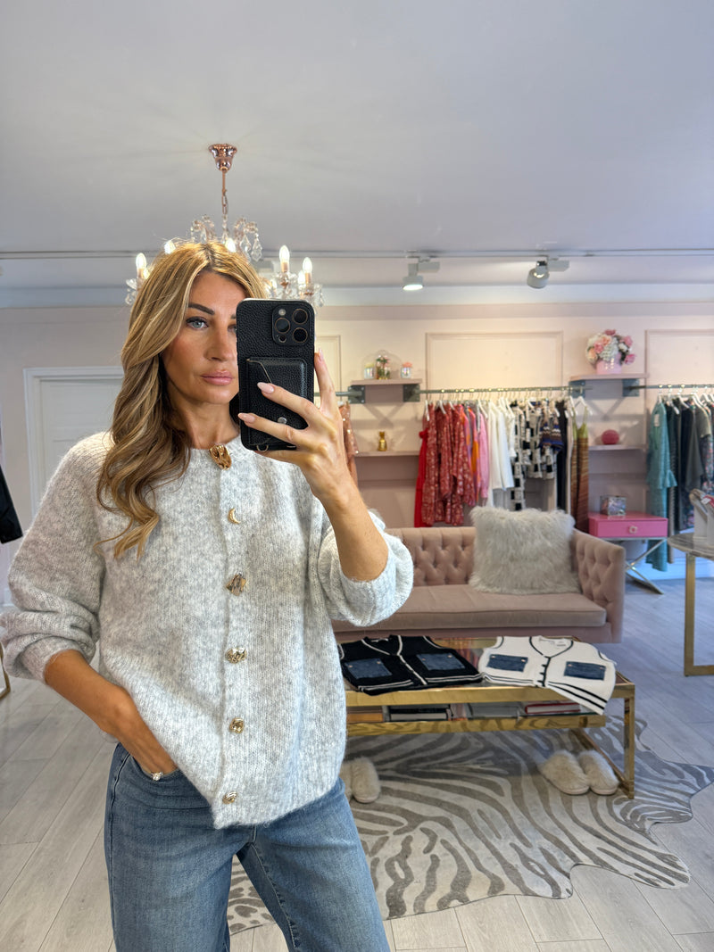 TERRI GOLD BUTTON CARDIGAN GREY