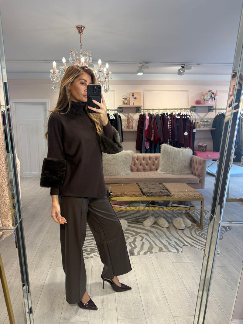 JESS FAUX FUR TRIM SLEEVE JUMPER BROWN