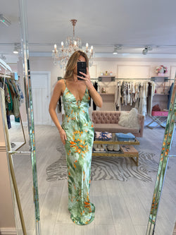 JESSICA SATIN MAXI DRESS GREEN WATERCOLOUR