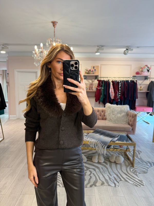 ISABEL FAUX FUR TRIM CARDIGAN BROWN