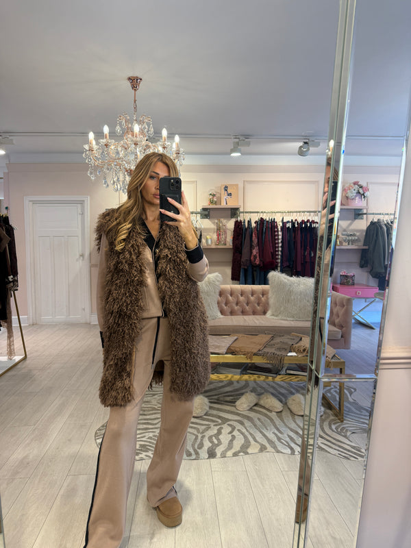 FERN FAUX MONGOLIAN FUR BELTED GILET BROWN