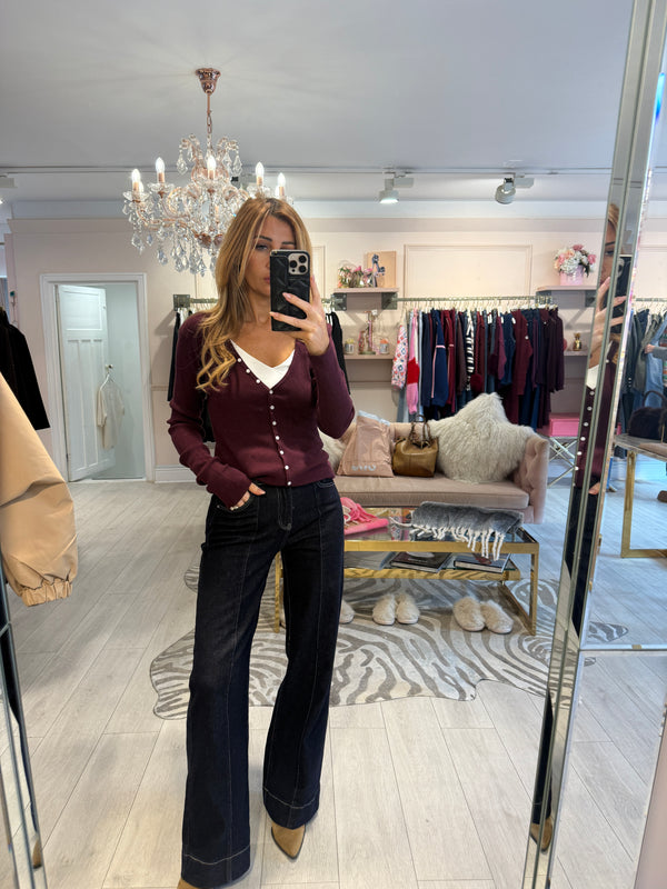 CELIA RIBBED V NECK LONG SLEEVE TOP BURGUNDY