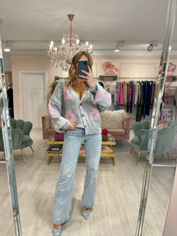 FLOWER PRINT CARDIGAN GREY W/PINK