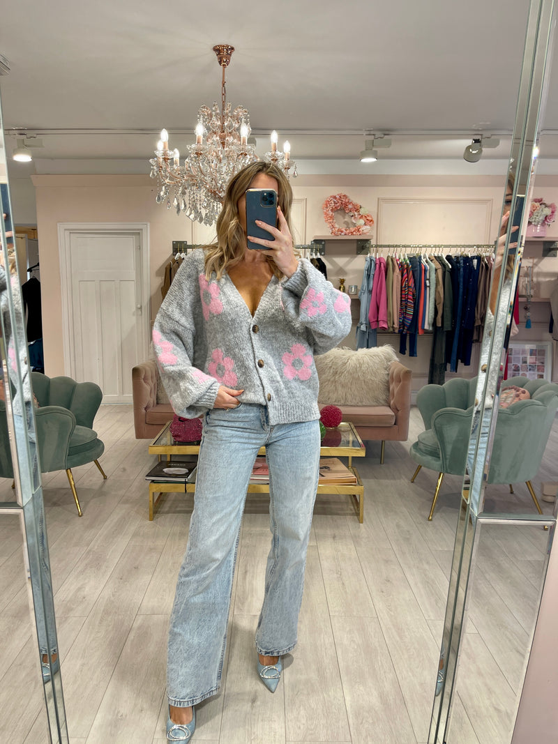 FLOWER PRINT CARDIGAN GREY W/PINK