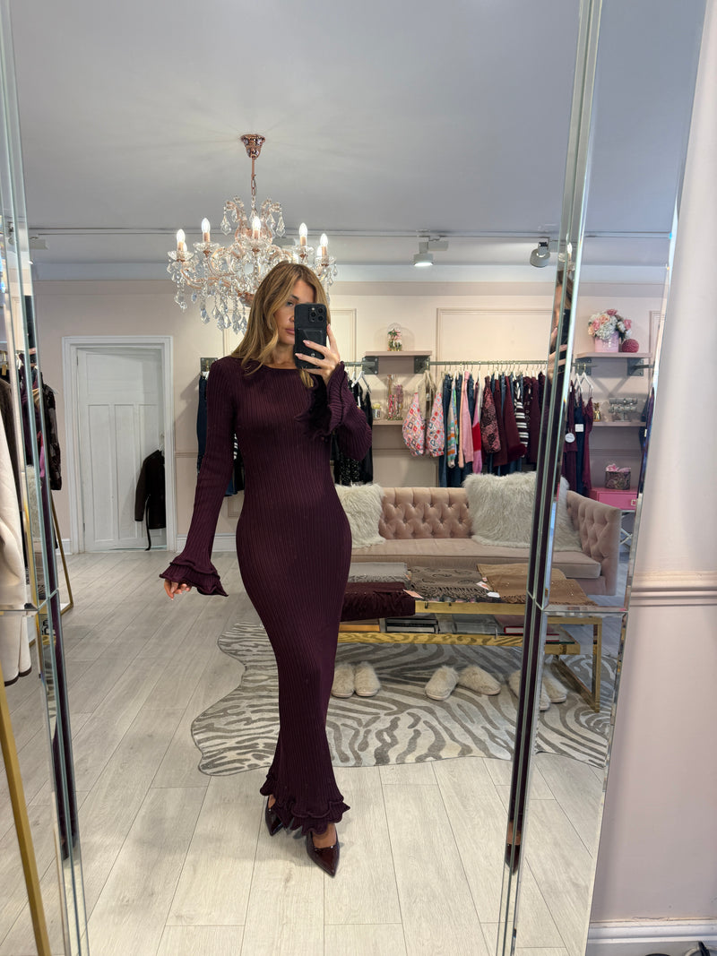 NICCI RIBBED RUFFLE SLEEVE MAXI DRESS PLUM