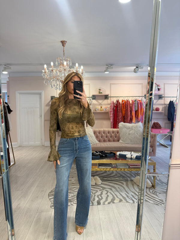 ROSE EMBROIDERED SHEER TOP KHAKI