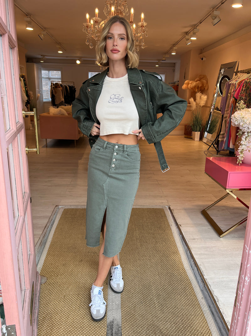 KHAKI DENIM MIDI SKIRT WITH SLIT FRONT DETAIL