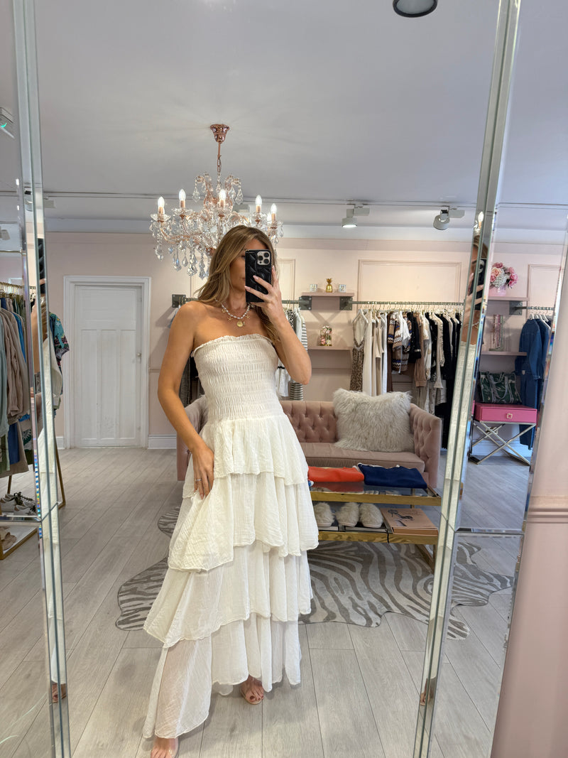 EZRA BANDEAU TIERED DRESS OFF WHITE