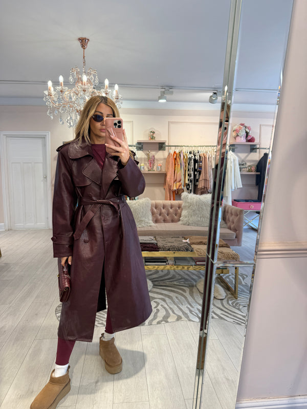 ABIGAIL FAUX LEATHER TRENCH BURGUNDY