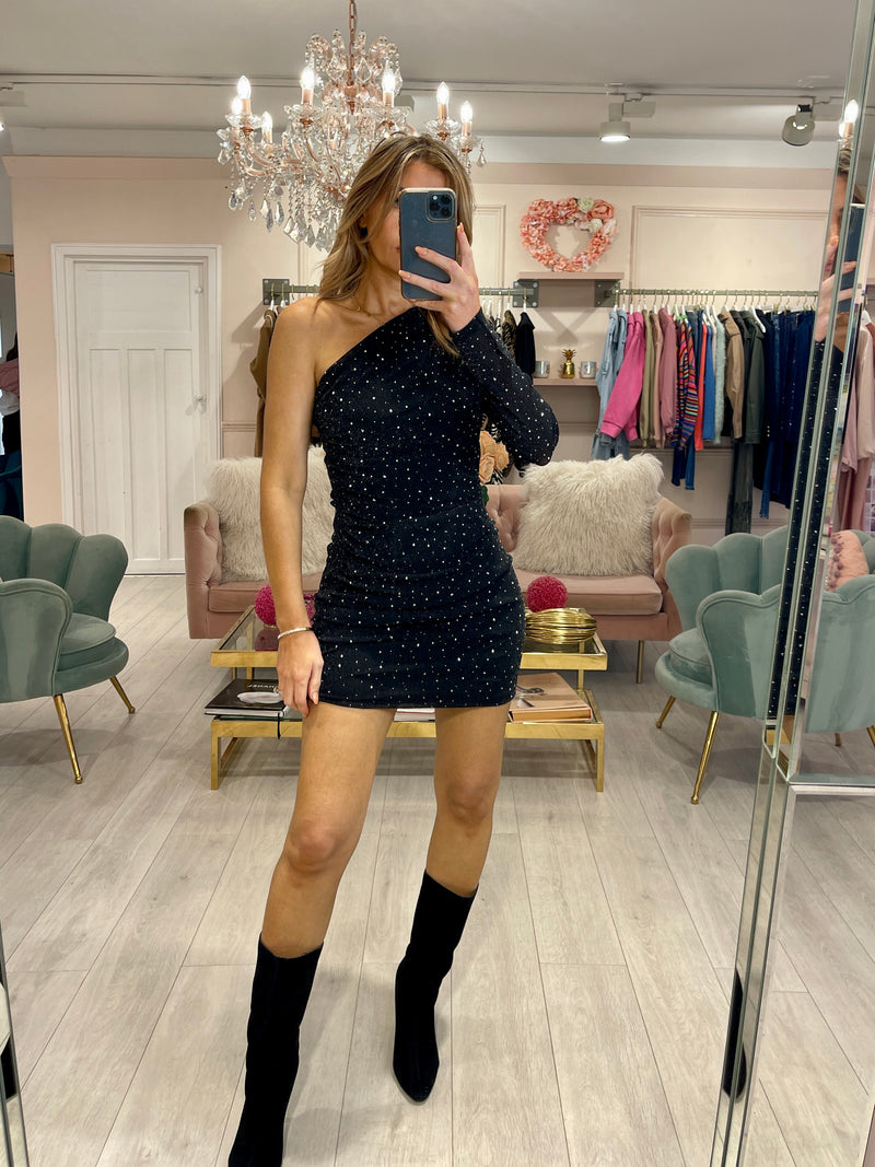 ASTRA ONE SHOULDER SPARKLE MINI DRESS