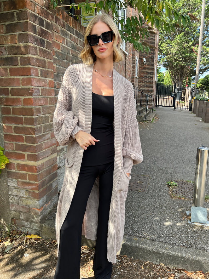 ALBA TAUPE BALLOON SLEEVE KNIT MAXI CARDI