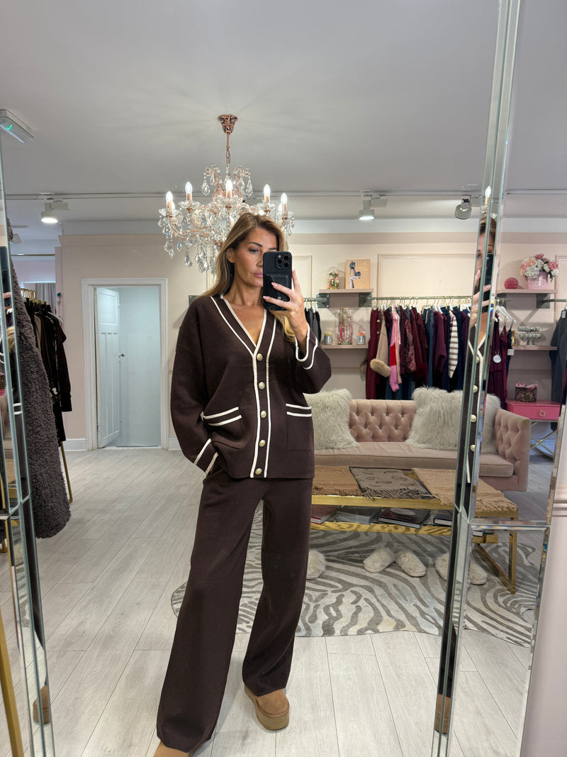 SELIMA CONTRAST TRIM CARDIGAN LOUNGE SET BROWN