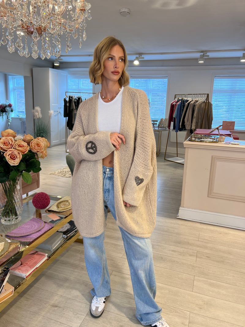 BEIGE KNITTED PEACE&LOVE CARDIGAN