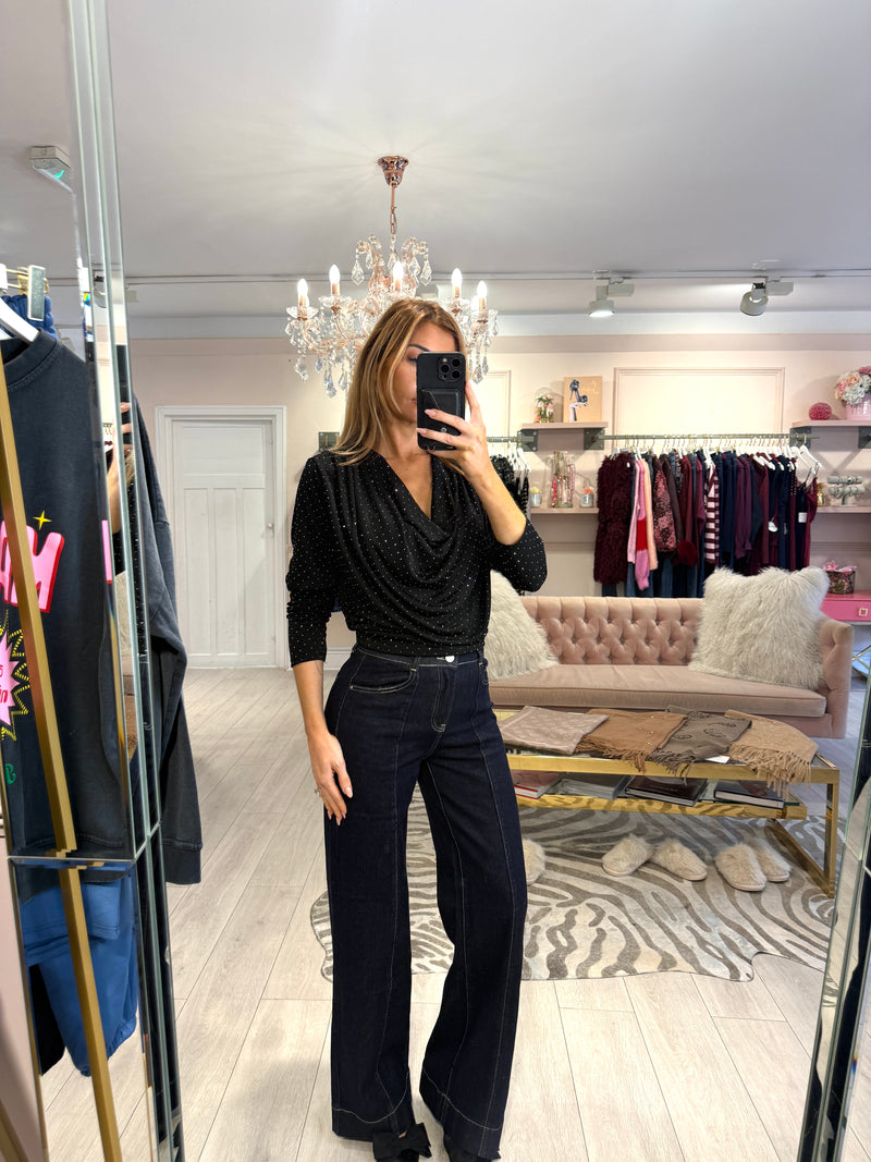 EFFIE CRYSTAL COWL NECK TOP BLACK