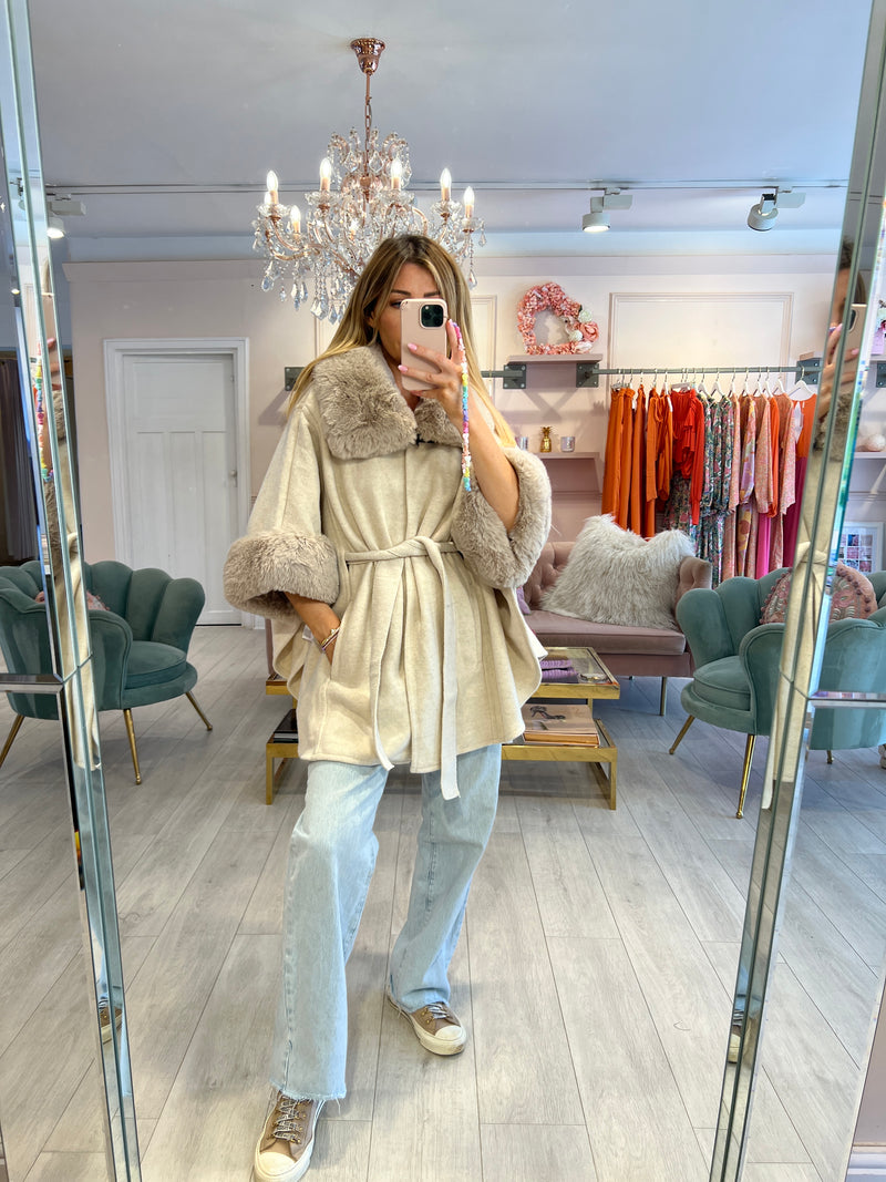KELLY FAUX FUR TRIM CAPE COAT