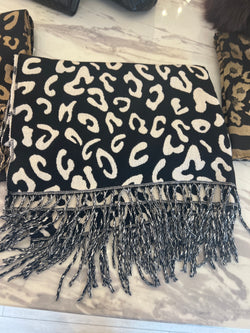 LEOPARD TASSEL SCARF BEIGE
