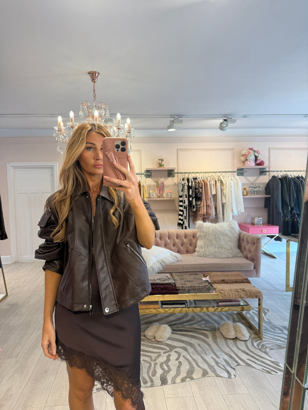 JUNO FAUX LEATHER BOMBER JACKET CHOCOLATE