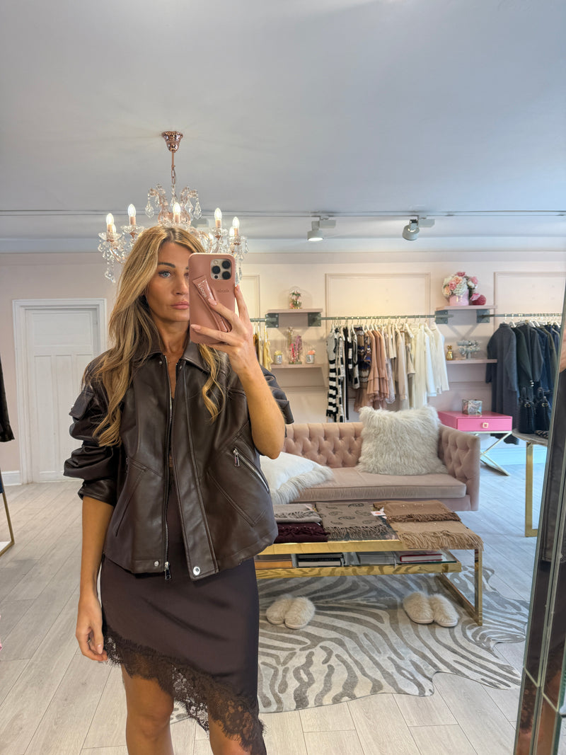 JUNO FAUX LEATHER BOMBER JACKET CHOCOLATE