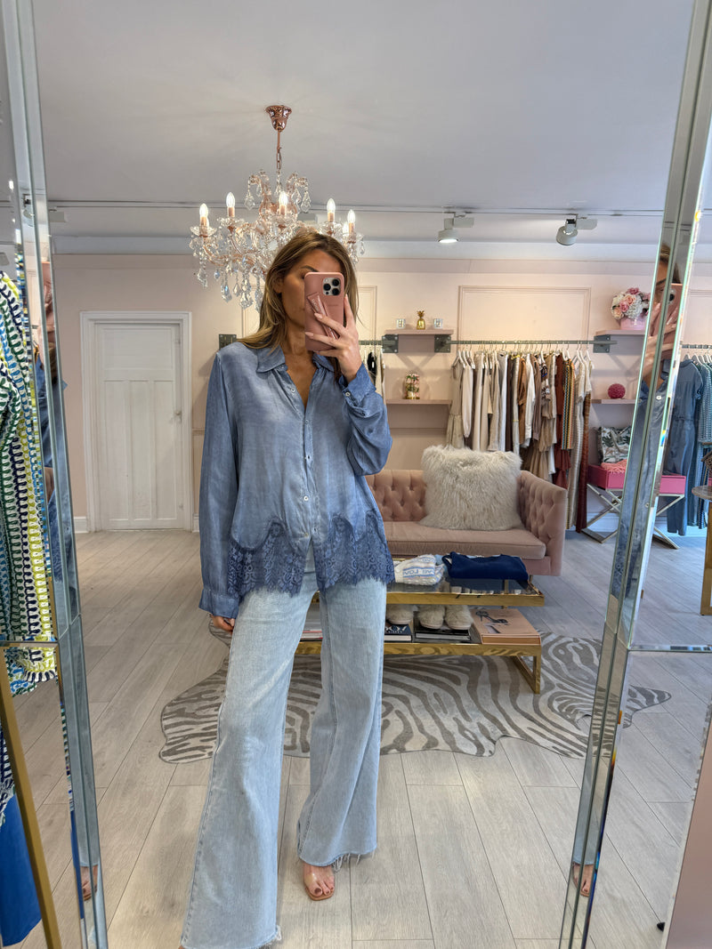 DELPHINE LACE HEM SATIN SHIRT BLUE