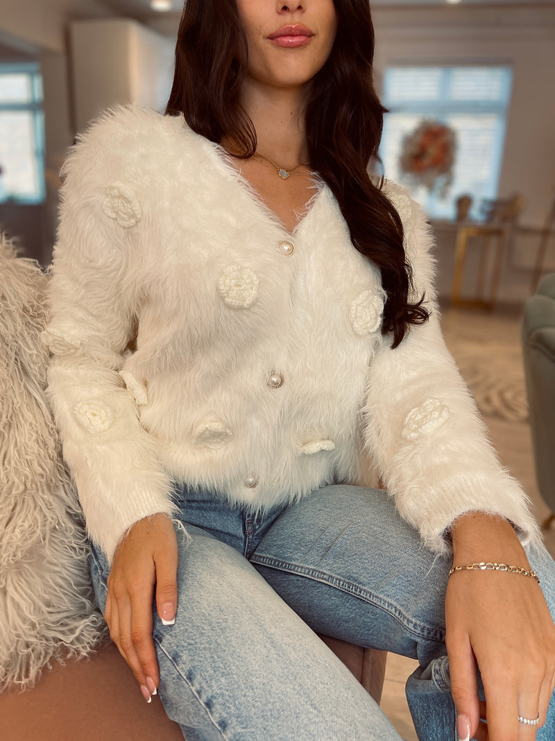 CHER FLUFFY KNIT CARDIGAN WITH KNIT FLOWERS