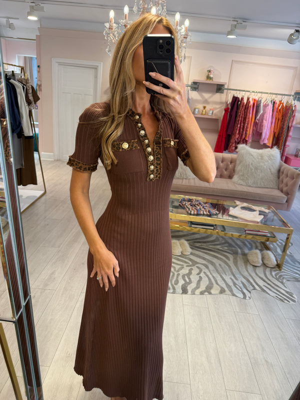 MAURA MIDI DENIM LEOPARD TRIM BROWN DRESS