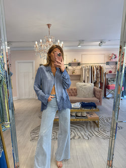 DELPHINE LACE HEM SATIN SHIRT BLUE