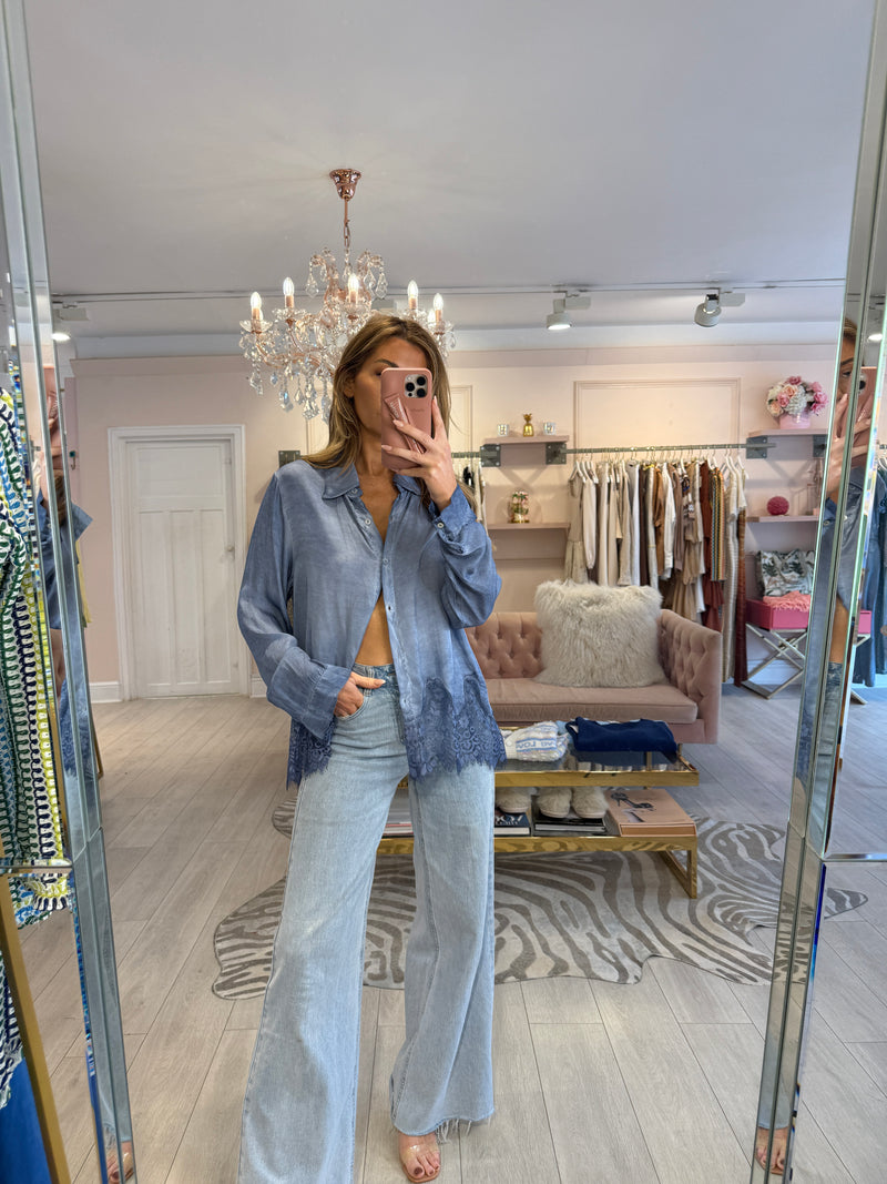 DELPHINE LACE HEM SATIN SHIRT BLUE