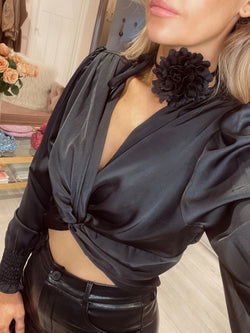 ANNABELLE LUXE CROSS SATIN TOP BLACK WITH CORSAGE NECKLACE