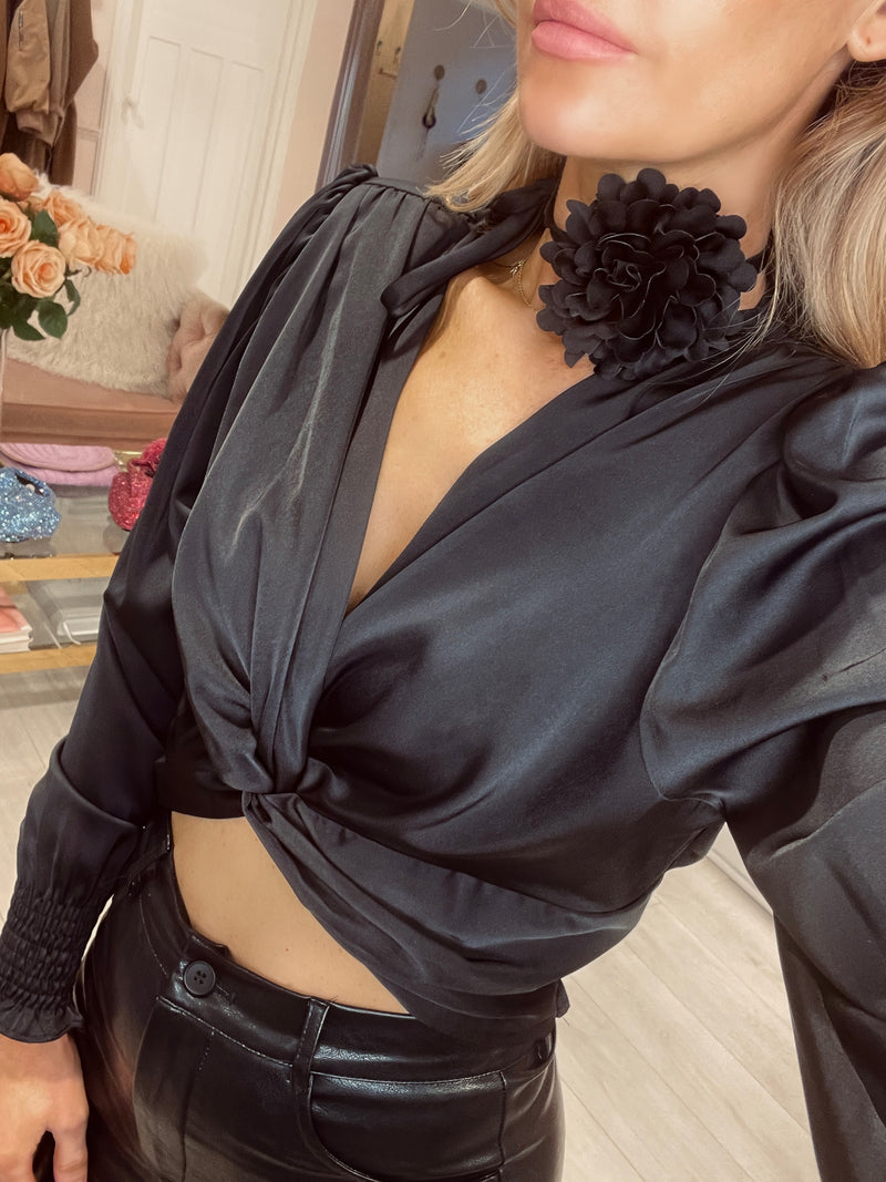 ANNABELLE LUXE CROSS SATIN TOP BLACK WITH CORSAGE NECKLACE