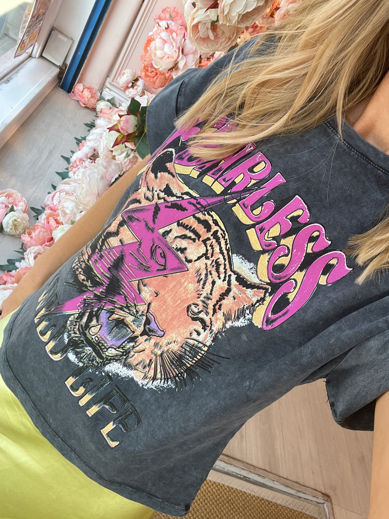 FEARLESS WILD LIFE ACID WASH GREY SLOGAN TSHIRT