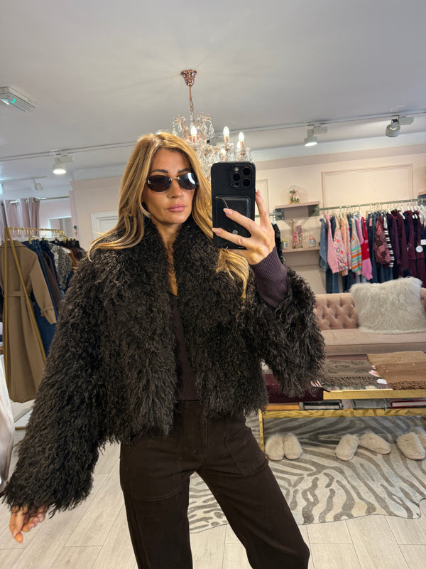 FIFI FAUX MONGOLIAN FUR JACKET BROWN