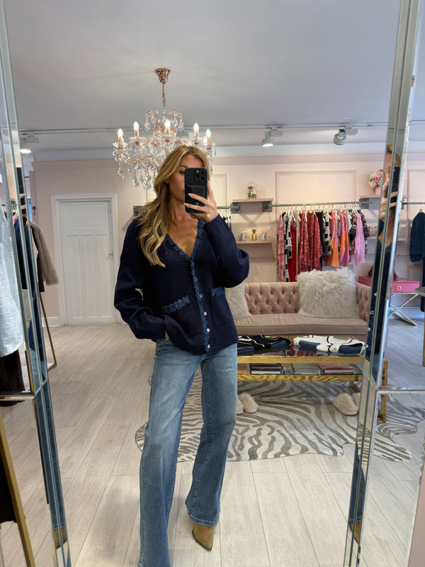 LEILA DENIM TRIM KNIT CARDIGAN NAVY