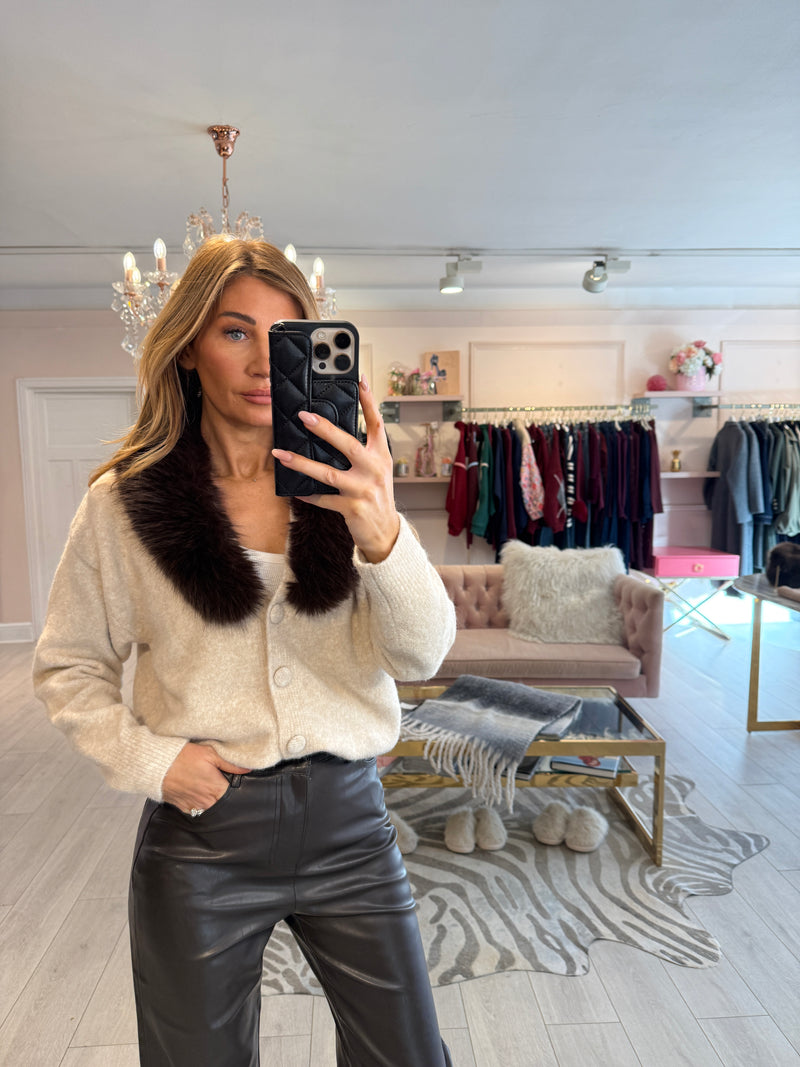 ISABEL FAUX FUR TRIM CARDIGAN BEIGE