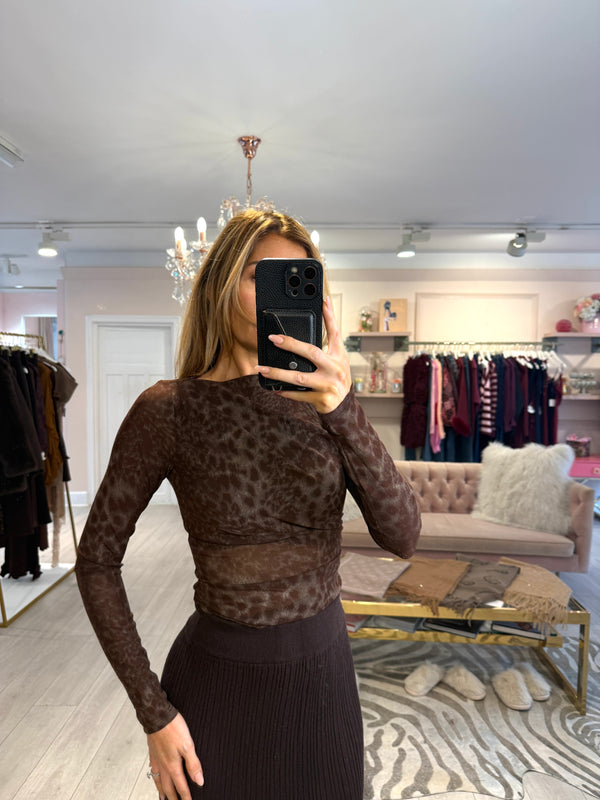 MARNIE MESH LEOPARD PRINT TOP WITH SHIMMER BROWN