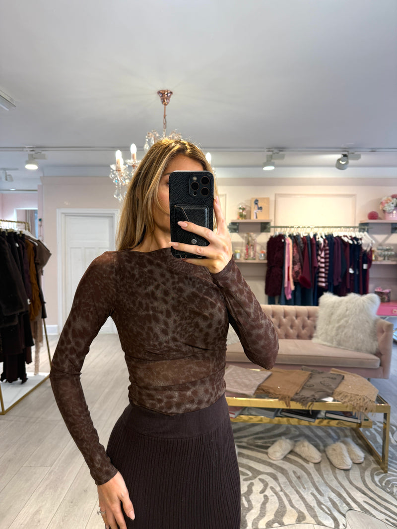MARNIE MESH LEOPARD PRINT TOP WITH SHIMMER BROWN