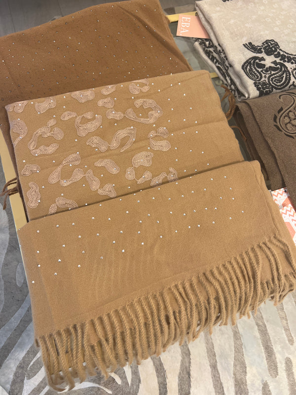 EMBROIDERED RHINESTONE SCARF CAMEL