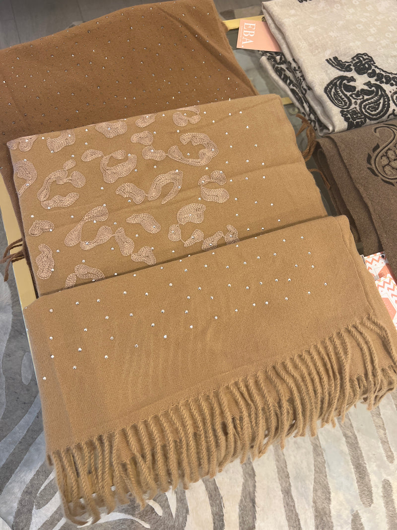 EMBROIDERED RHINESTONE SCARF CAMEL