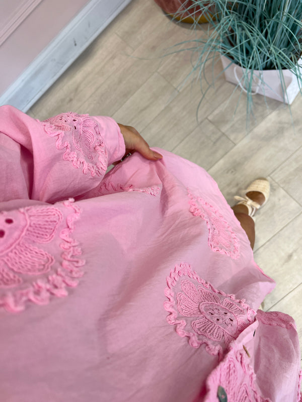 LUCY EMBROIDERED FLOWER SHIRT DRESS PINK