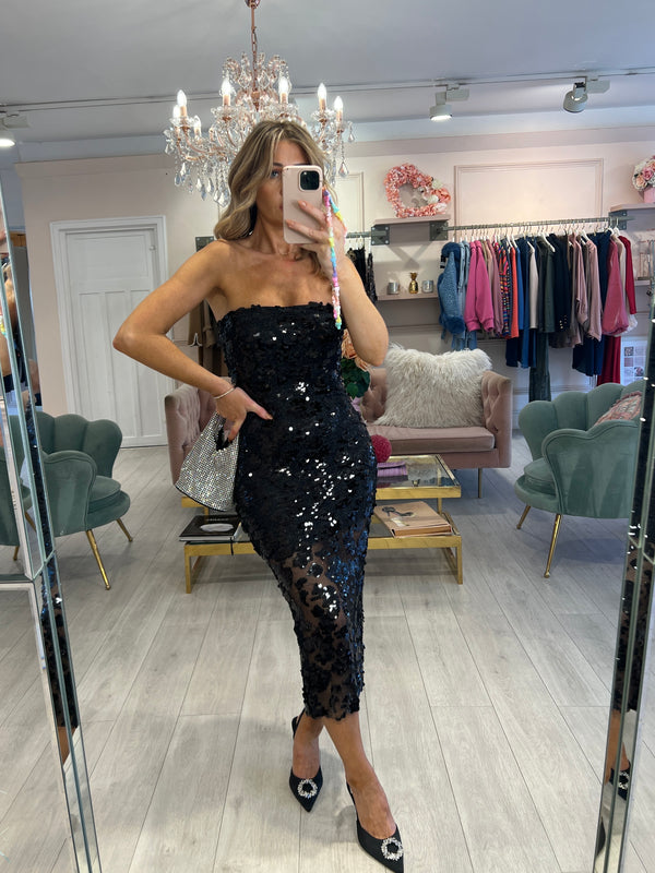 SELENA BLACK SEQUIN BANDEU MIDI DRESS