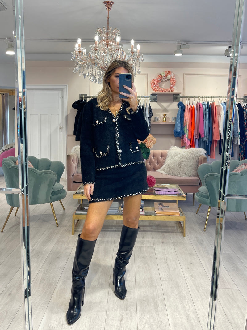 KIKI BLACK KNITTED SKIRT AND CARDIGAN SET