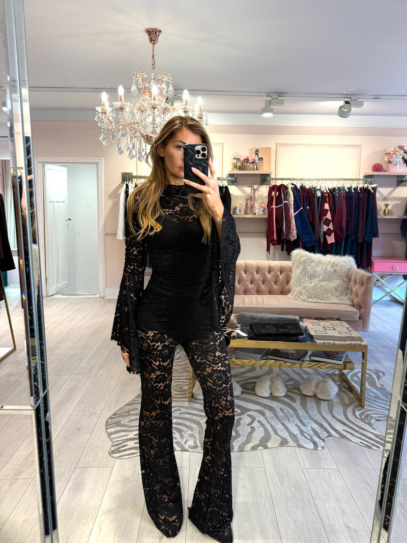 KEISHA LACE TOP AND FLARE TROUSER SET BLACK