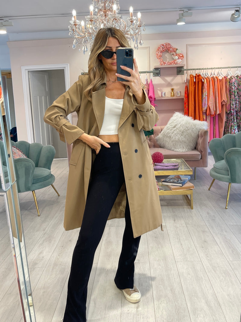 CARRIE TAUPE DOUBLE BREASTED TRENCH COAT