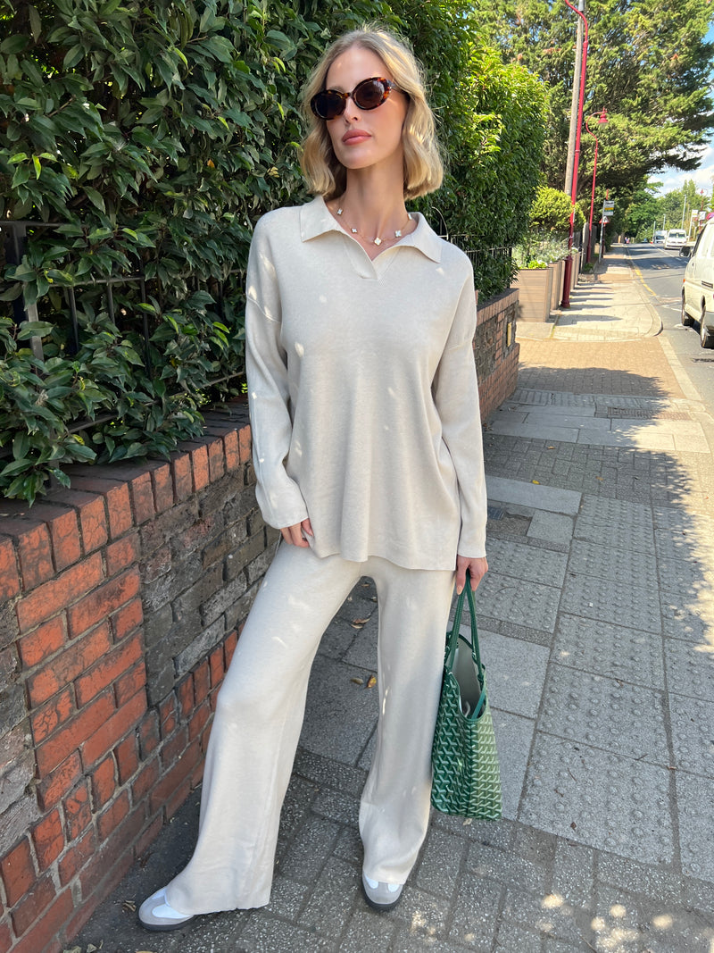 SOLENE BEIGE KNITTED TROUSER SET