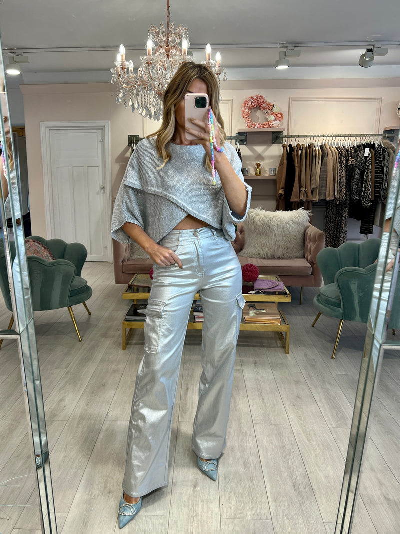 SILVER COATED STRAIGHT CARGO TROUSERS
