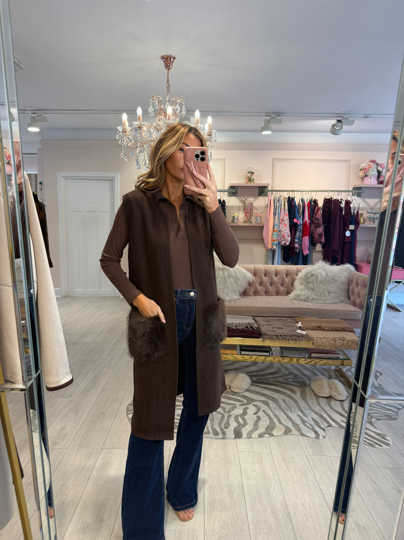INDIA FAUX FUR POCKET WAISTCOAT BROWN