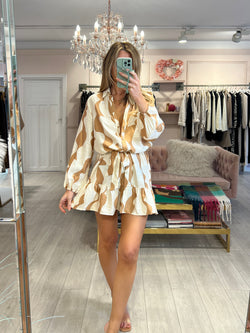CASSIE PRINTED SHIRT DRESS WITH FRILL BEIGE