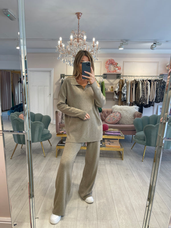 SOLENE KHAKI KNITTED TROUSER SET