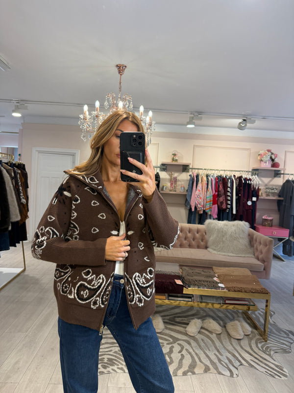 ISLA ZIP THROUGH PATTERNED CARDIGAN BROWN