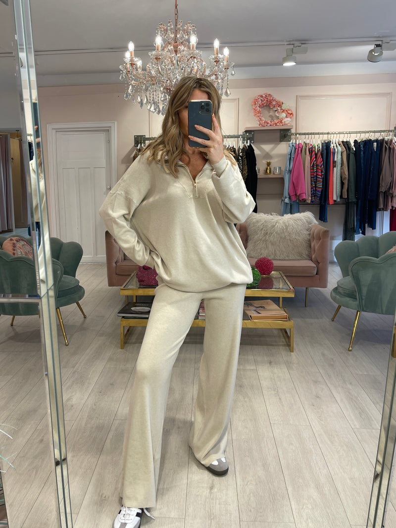 ELENA BEIGE HALF ZIP KNITTED TROUSER SET