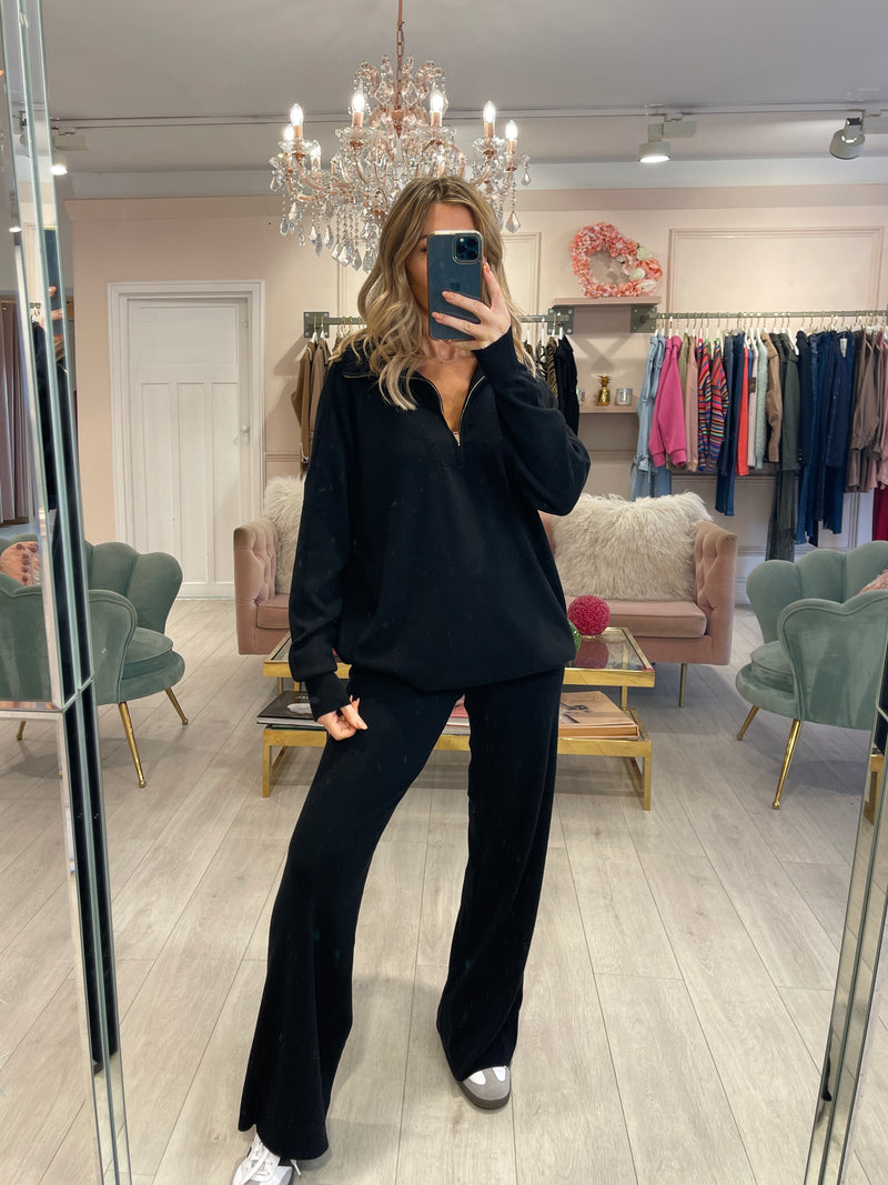 ELENA BLACK HALF ZIP KNITTED TROUSER SET